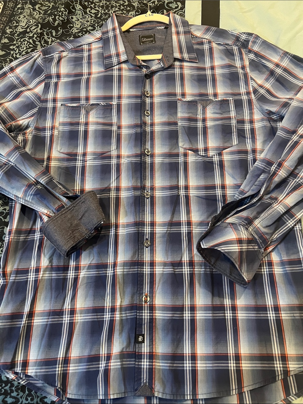 7 Diamonds Men's Blue Plaid Button-Down Shirt with Red Accents